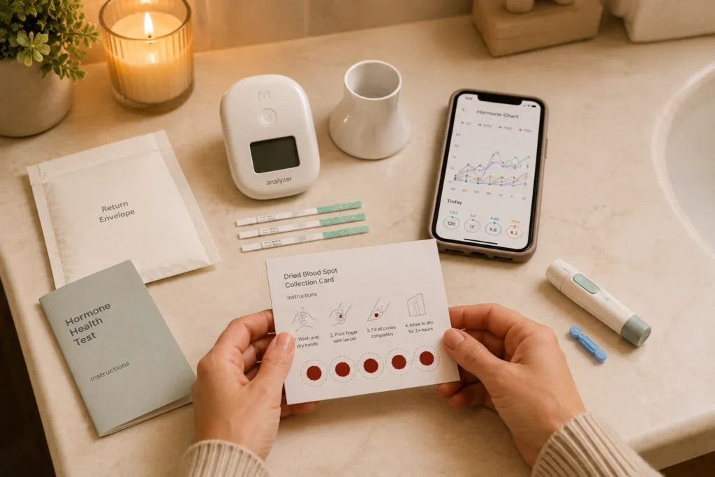 At-home hormone testing methods urine device and dried blood spot kit