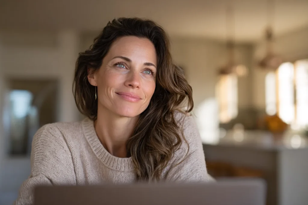 Woman confidently choosing online HRT without insurance after comparing providers