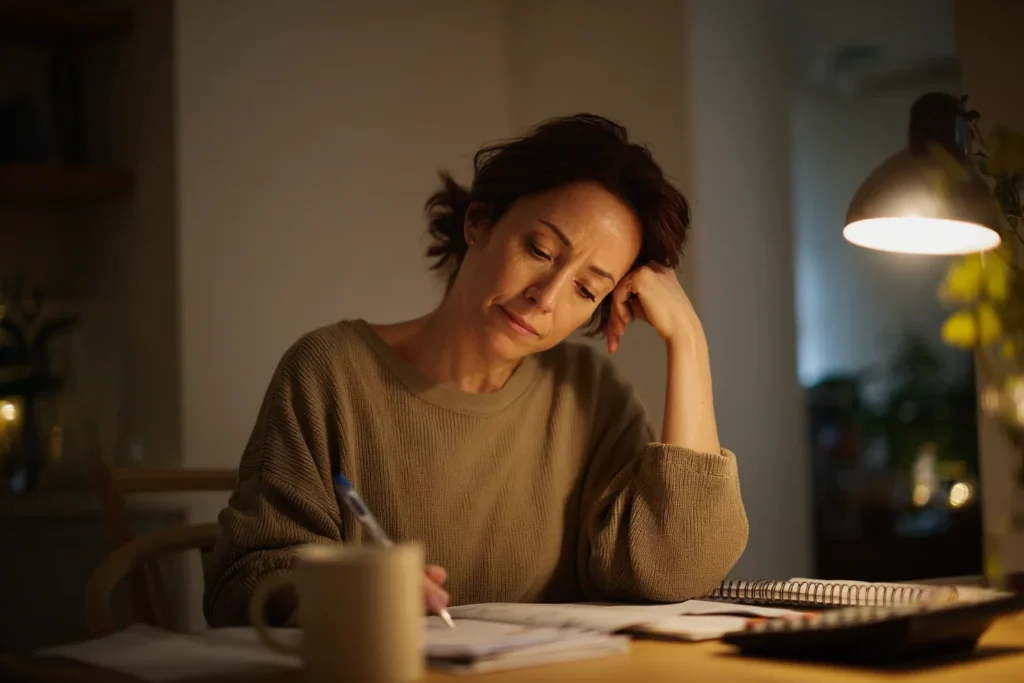 Woman calculating the annual cost of menopause telehealth providers