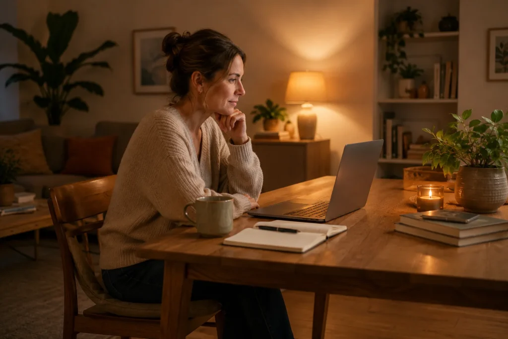 Woman attending an online perimenopause telehealth appointment on a laptop
