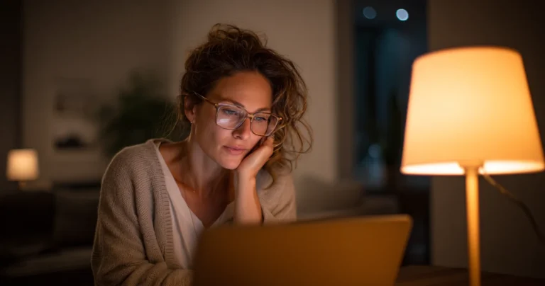 Woman researching online HRT options without insurance on a laptop