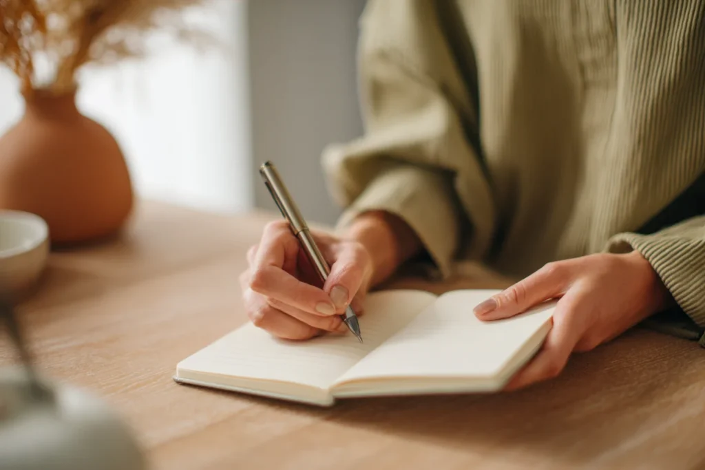 Hands writing perimenopause symptom notes to prepare for a telehealth appointment
