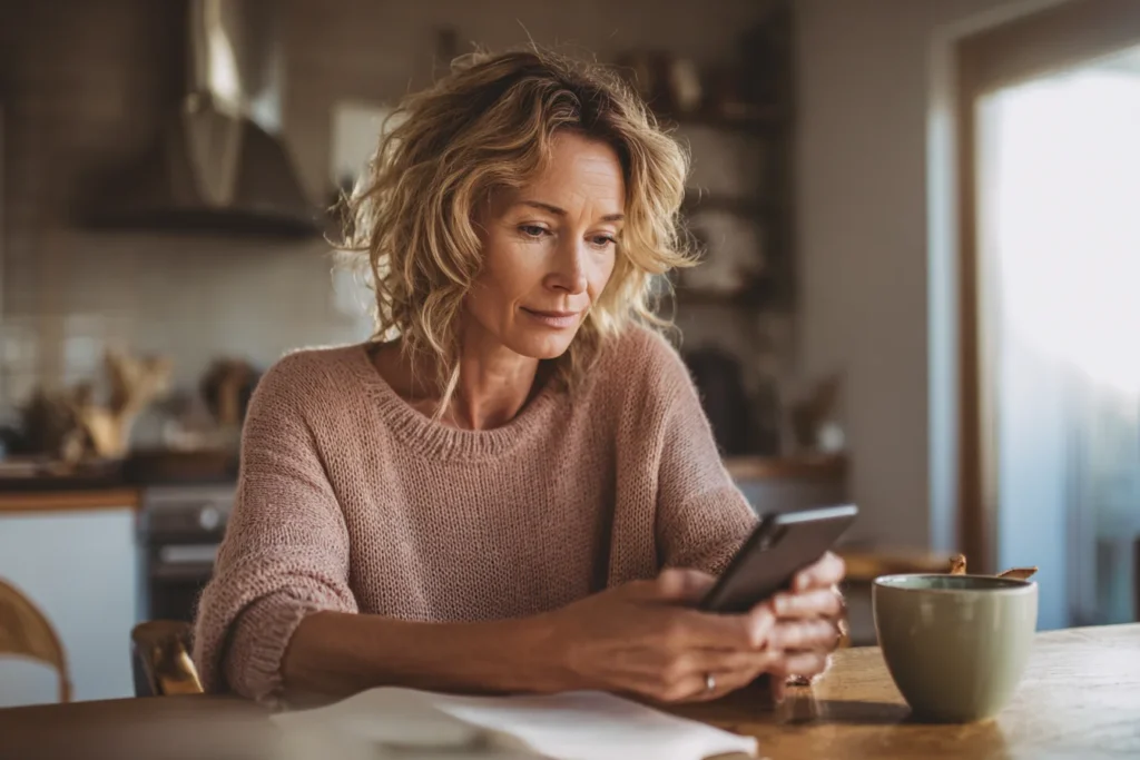 Woman reviewing hormone data on her phone — perimenopause vs anxiety testing
