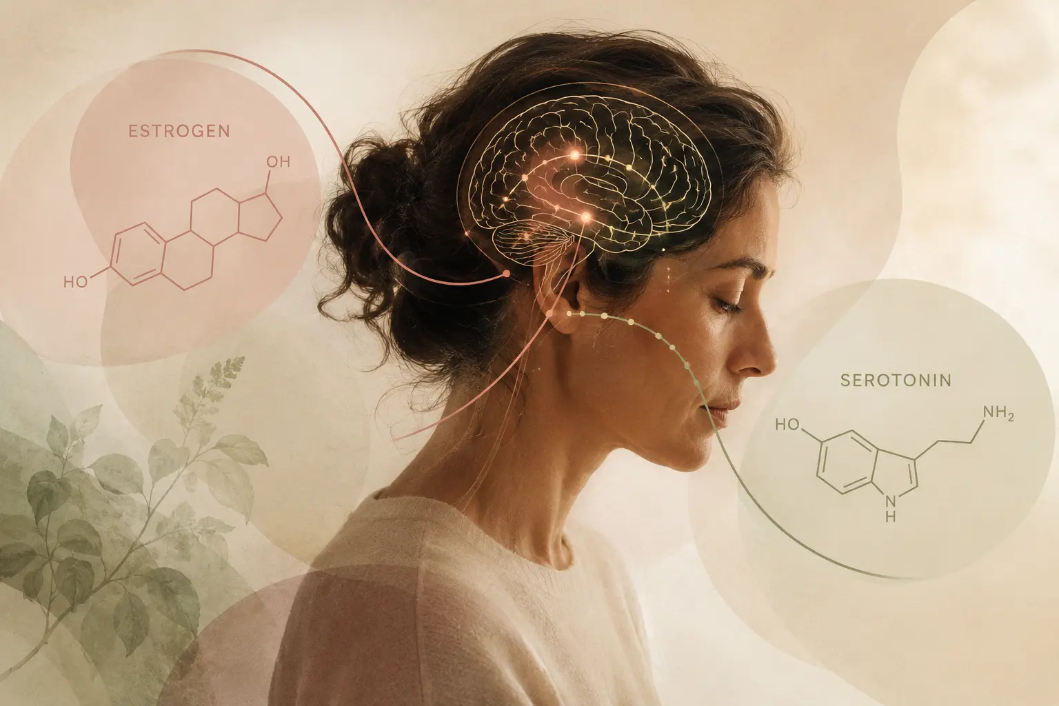 Illustration showing the connection between estrogen and brain chemistry in perimenopause