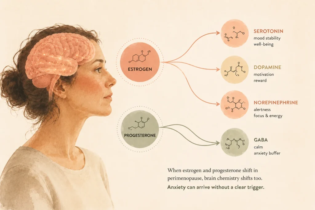 Illustration showing how estrogen and progesterone affect brain chemistry in perimenopause anxiety