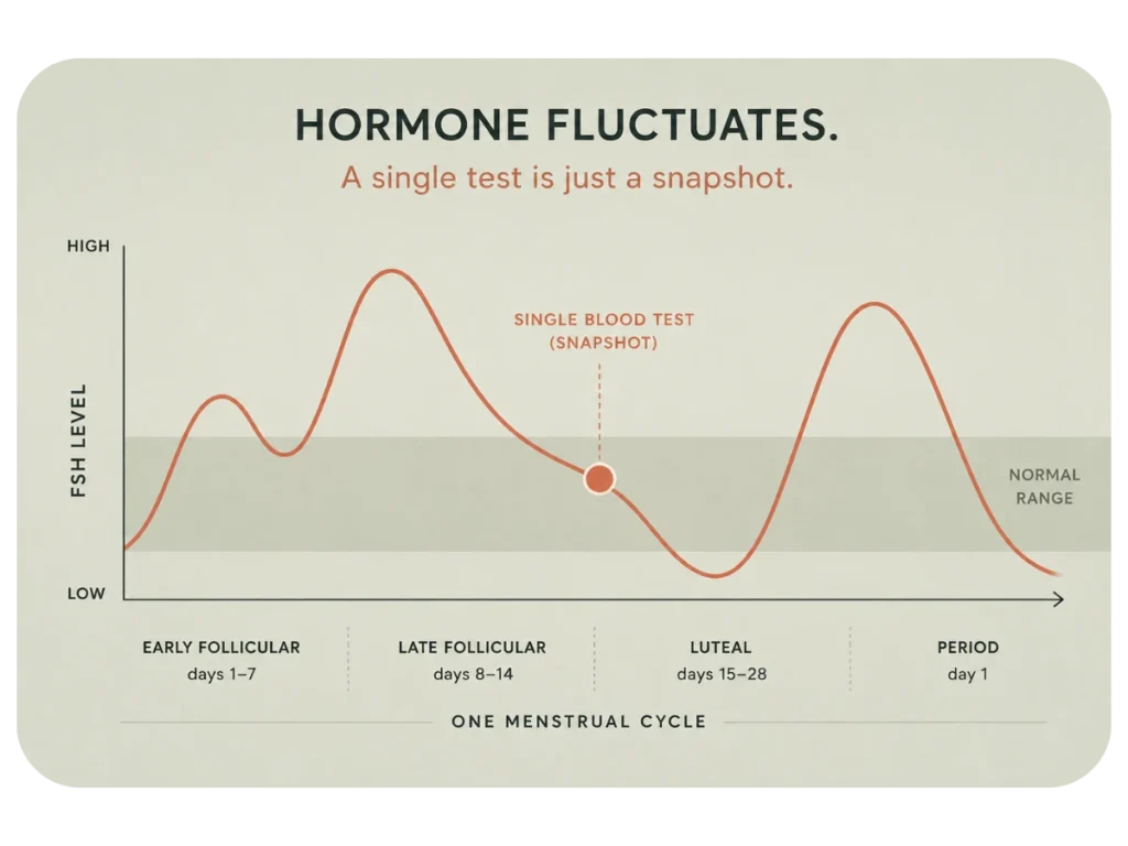 Illustration showing FSH fluctuating across a cycle and why a single normal blood test can be misleading