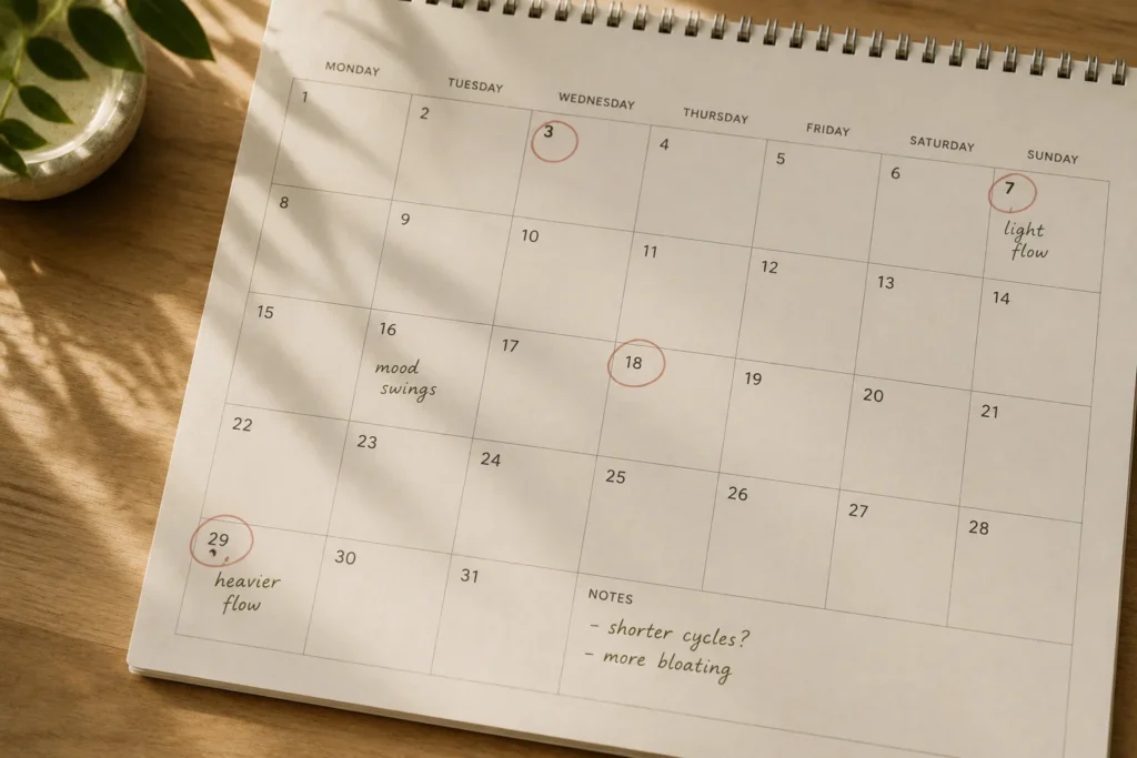 Calendar showing irregular periods — early perimenopause cycle changes