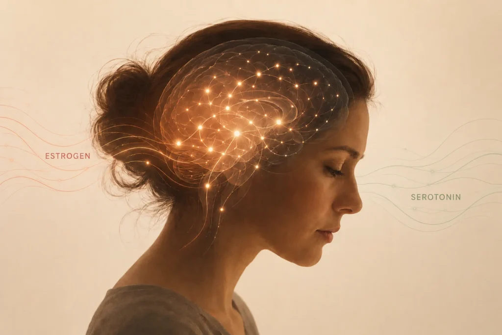 Illustration of the estrogen–serotonin connection driving perimenopause rage