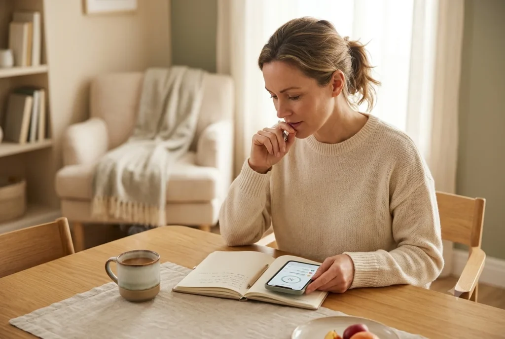 Woman tracking her perimenopause symptoms to bring a pattern to her doctor