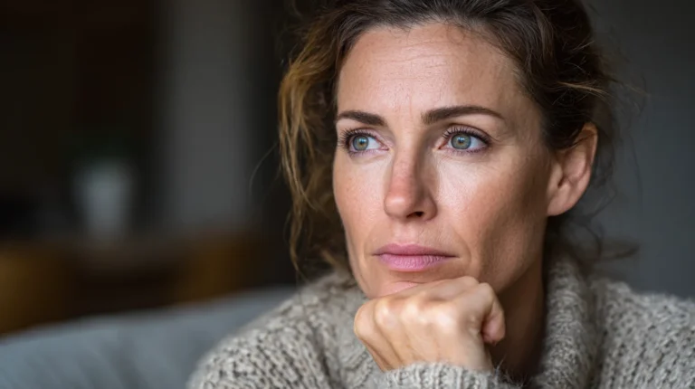Woman in her late 30s with a contemplative expression — perimenopause vs anxiety