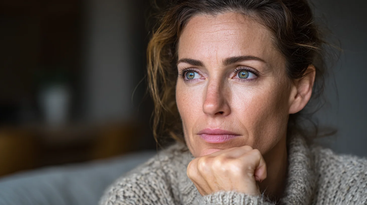 Woman in her late 30s with a contemplative expression — perimenopause vs anxiety