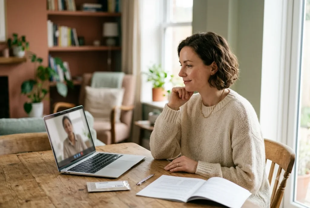 Woman starting HRT through a perimenopause telehealth appointment