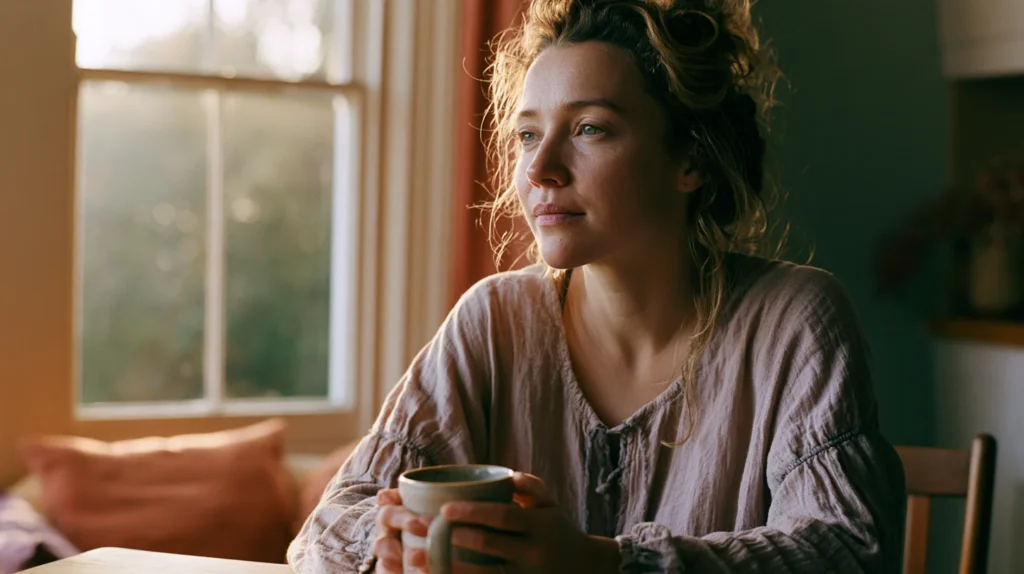 Woman in her early forties experiencing perimenopause symptoms, sitting at a kitchen table with a mug, looking out a window in morning light