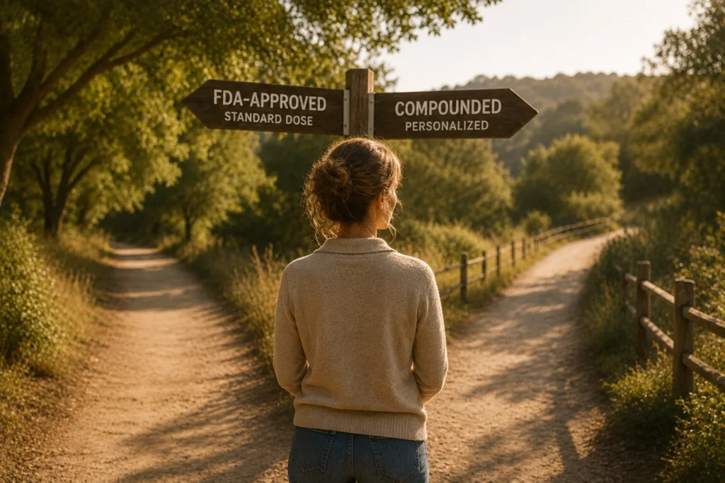 Two paths representing the FDA-approved vs compounded HRT decision — perimenopause treatment choice
