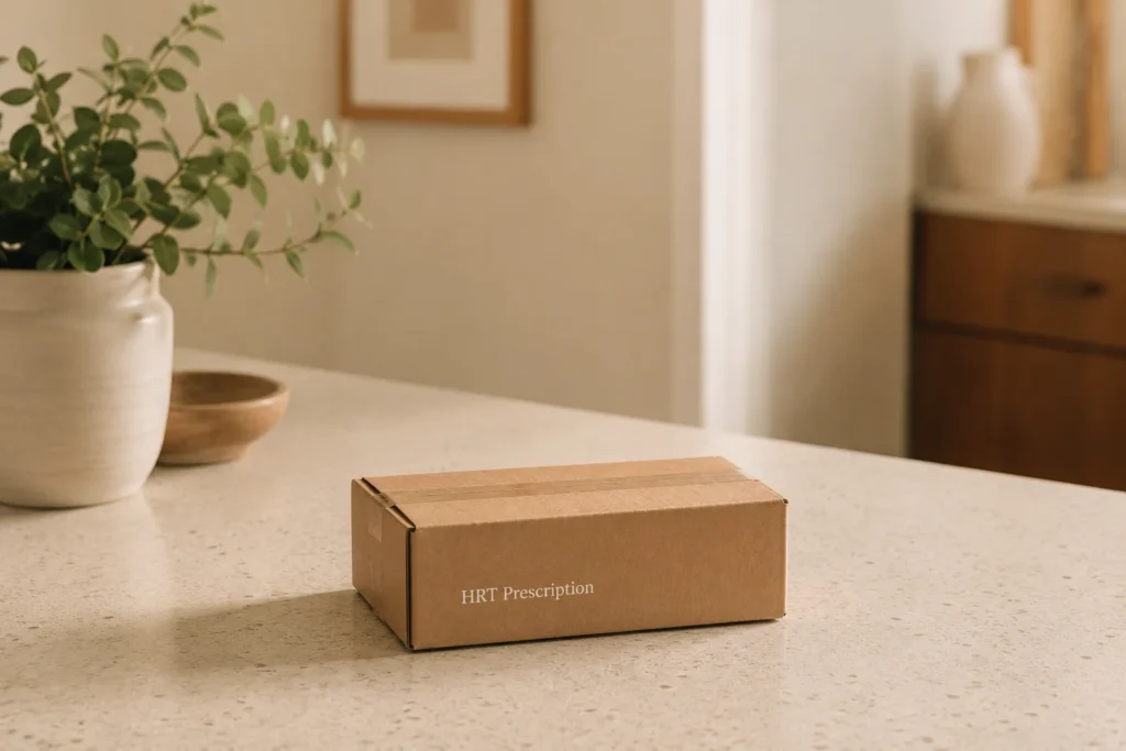 Prescription medication package at home — starting HRT through a cash-pay telehealth service