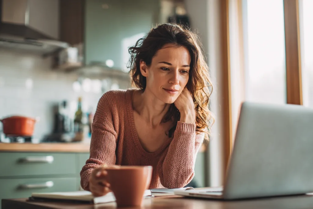 Woman reviewing perimenopause telehealth options with confidence —
comparing Alloy and Winona