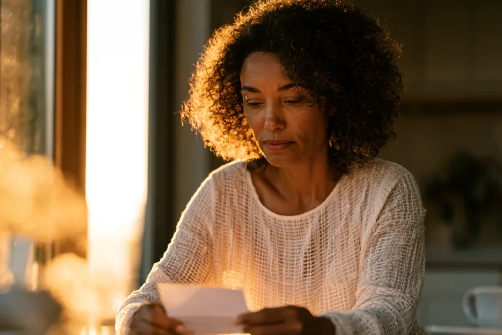 Woman reading a birth control prescription with a reflective expression — perimenopause treatment decision