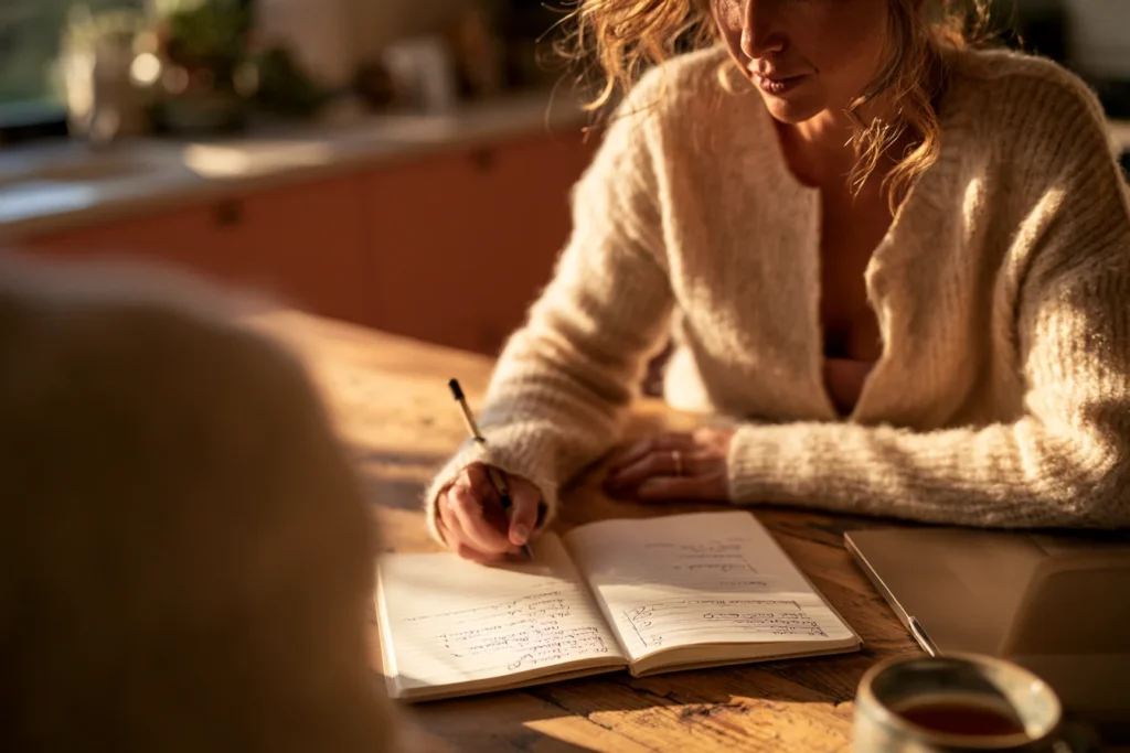Woman writing notes about HRT vs birth control pill decision — perimenopause treatment planning